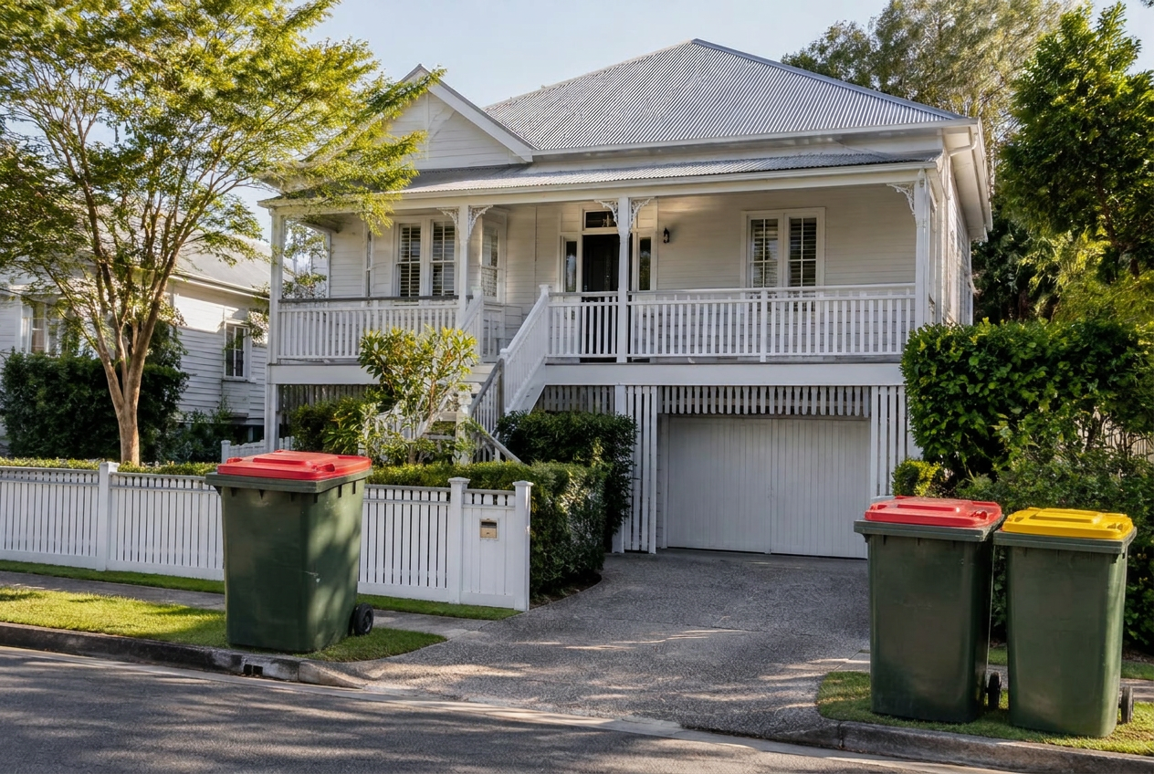 Short-term rental home in Brisbane with two wheelie bins at the kerb