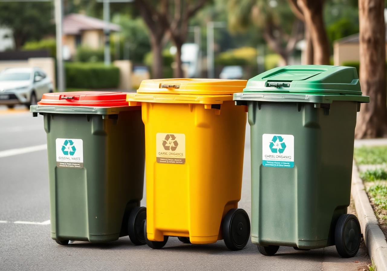 Three Brisbane council bins lined up at the kerb